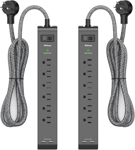 2 Pack Surge Protector Power Strip - 6 Outlets 4 USB Charging Ports, 5Ft Braided Extension Cord, Flat Plug, Overload Protection, Wall Mount for Home Office, Dorm Room Essentials in Kuwait