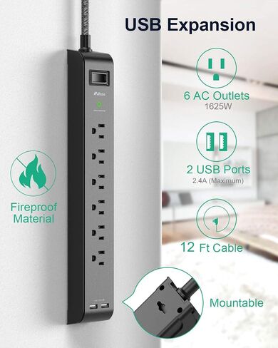 2 Pack Surge Protector Power Strip - 6 Outlets 4 USB Charging Ports, 5Ft Braided Extension Cord, Flat Plug, Overload Protection, Wall Mount for Home Office, Dorm Room Essentials in Kuwait