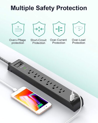 2 Pack Surge Protector Power Strip - 6 Outlets 4 USB Charging Ports, 5Ft Braided Extension Cord, Flat Plug, Overload Protection, Wall Mount for Home Office, Dorm Room Essentials in Kuwait