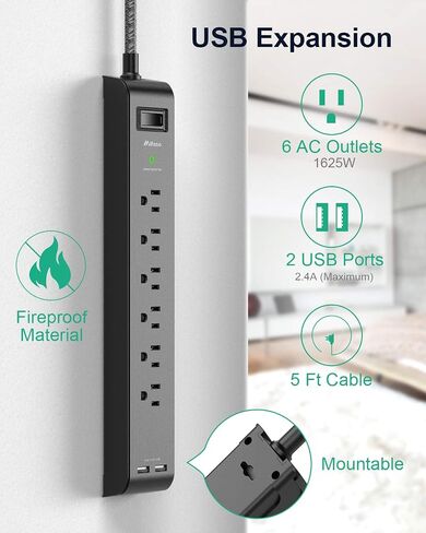 2 Pack Surge Protector Power Strip - 6 Outlets 4 USB Charging Ports, 5Ft Braided Extension Cord, Flat Plug, Overload Protection, Wall Mount for Home Office, Dorm Room Essentials in Kuwait