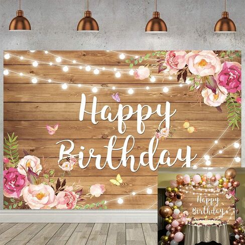 Rustic Wood Flower Happy Birthday Backdrop Blush Rose Butterfly Brown Wood Floor Photography Background Baby Shower Girl Ladies Birthday Party Banner Cake Table Decoration Photo Booth in Kuwait