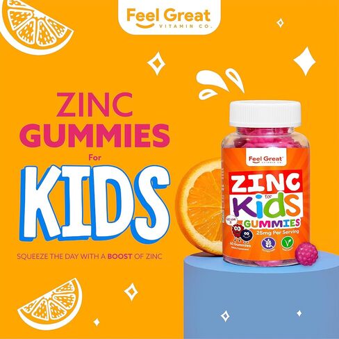 Feel Great Zinc Gummies for Kids | Bolster Your Child's Immune System with Yummy Kids Vitamins | Great Tasting Natural Flavor Gummy Supplement Vitamins | 60 Gummies in Saudi Arabia