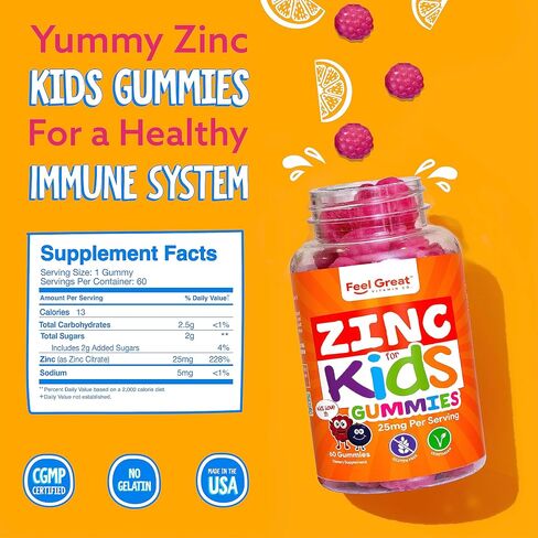 Feel Great Zinc Gummies for Kids | Bolster Your Child's Immune System with Yummy Kids Vitamins | Great Tasting Natural Flavor Gummy Supplement Vitamins | 60 Gummies in Saudi Arabia