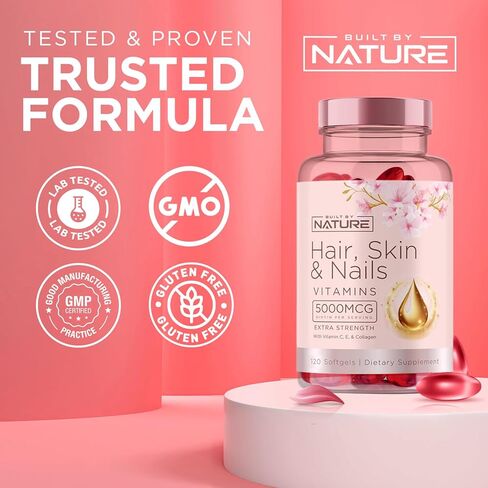 فيتامينات للشعر والبشرة والأظافر - 5000 ميكروغرام من البيوتين مع فيتامين C وE والكولاجين وحمض الهيالورونيك وزيت الأركان وجوز الهند - مكمل غذائي رائع لنمو الشعر ومشرق للبشرة للنساء - 60 كبسولة هلامية in Kuwait