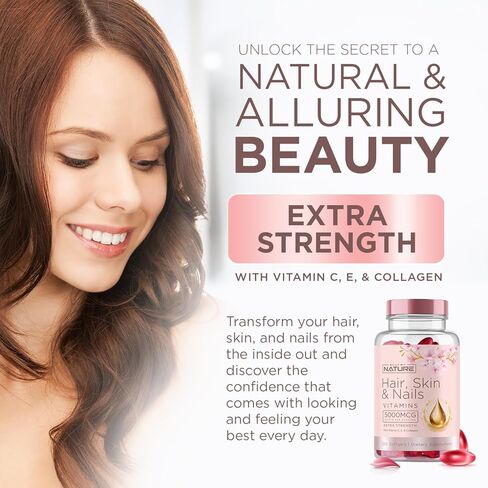 فيتامينات للشعر والبشرة والأظافر - 5000 ميكروغرام من البيوتين مع فيتامين C وE والكولاجين وحمض الهيالورونيك وزيت الأركان وجوز الهند - مكمل غذائي رائع لنمو الشعر ومشرق للبشرة للنساء - 60 كبسولة هلامية in Kuwait