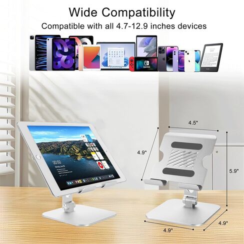 WORHE Tablet Holder Sturdy Marble Base, Adjustable Swivel Desktop Holder with 360 Degree Rotating Base Foldable Adjustable Holder Silver (WH005) in Saudi Arabia