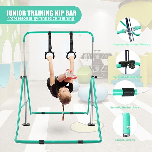 Gymnastics Bar for Kids with Rings, Adjustable Height Gymnastic Horizontal Bars, Folding Junior Training Kip Bar Equipment, Easy to Assemble and Dis-Assemble in Saudi Arabia