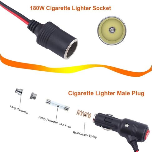 Car Cigarette Lighter Adapter, ROÉKO 1 to 2 DC 12V 24V Plug Splitter, 2 Socket with Switch, 5.9 inches Cigarette Lighter Extension Cord UL Wire with 15A Fuses Compatible Cars in Kuwait