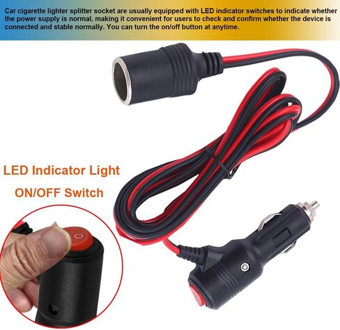 Car Cigarette Lighter Adapter, ROÉKO 1 to 2 DC 12V 24V Plug Splitter, 2 Socket with Switch, 5.9 inches Cigarette Lighter Extension Cord UL Wire with 15A Fuses Compatible Cars in Kuwait