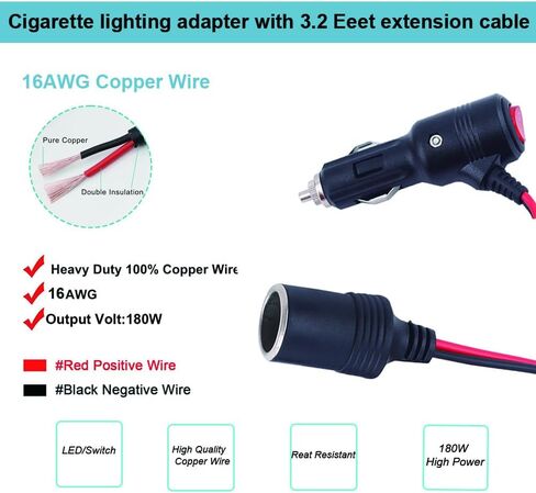 Car Cigarette Lighter Adapter, ROÉKO 1 to 2 DC 12V 24V Plug Splitter, 2 Socket with Switch, 5.9 inches Cigarette Lighter Extension Cord UL Wire with 15A Fuses Compatible Cars in Kuwait