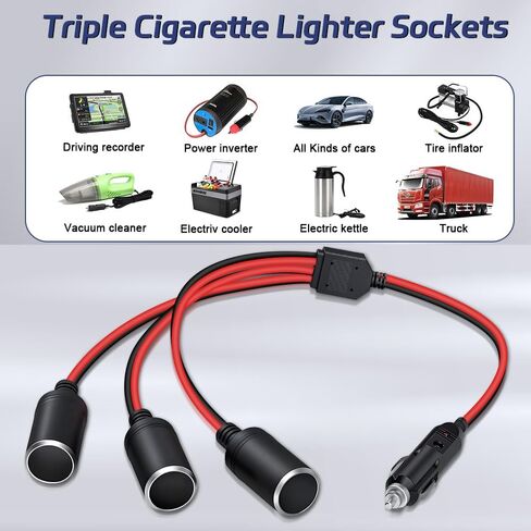 Car Cigarette Lighter Adapter, ROÉKO 1 to 2 DC 12V 24V Plug Splitter, 2 Socket with Switch, 5.9 inches Cigarette Lighter Extension Cord UL Wire with 15A Fuses Compatible Cars in Kuwait