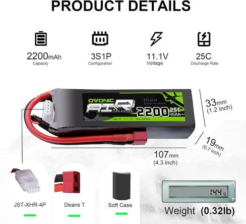 OVONIC 3S Lipo Battery 25C 2200mAh 11.1V Lipo Battery with Dean-Style T Connector for RC Airplane Helicopter Quadcopter RC Car Truck Boat(2 Packs) in Saudi Arabia