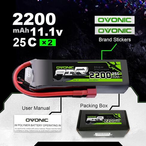 OVONIC 3S Lipo Battery 25C 2200mAh 11.1V Lipo Battery with Dean-Style T Connector for RC Airplane Helicopter Quadcopter RC Car Truck Boat(2 Packs) in Saudi Arabia