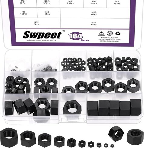 Swpeet 164Pcs 10 Sizes M2 M2.5 M3 M4 M5 M6 M8 M10 M12 M14 Metric White Nylon Hex Nuts Assorment Kit, Metric Thread Plastic Fastener Nuts Hexagon for Home Automotive Shop Fasteners Use in Saudi Arabia