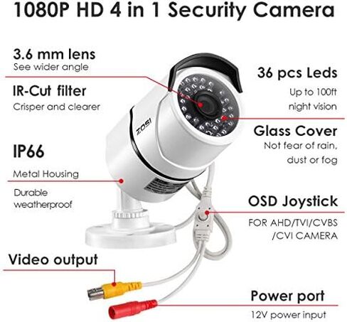 كاميرا مراقبة ZOSI 1080P 2MP 1920TVL خارجية داخلية، IP67 كاميرا مراقبة مقاومة للطقس (هجينة 4 في 1 HD-CVI/TVI/AHD/960H CVBS التناظرية)، 36 قطعة LED، رؤية ليلية بالأشعة تحت الحمراء 120 قدمًا، زاوية رؤية 105 درجة in Kuwait