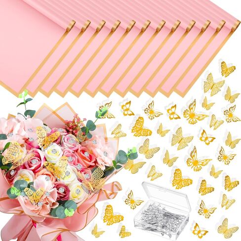 Hanaive Wedding Corsages Set Include 100 Pcs Bouquet Wedding Corsages Pins 48 Pcs 3D Gold Butterfly Wall Decor 12 Sheets of Flower Wrapping Paper for Wedding Mother's Day Birthday Party in Kuwait
