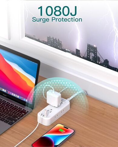 Travel Power Strip with USB - Flat Plug Extension Cord, 6 Outlets 3 USB (2 USB-C) Ports, Outlet Extender with 5ft Extension Cord, Non Surge Protector for College Dorm Room, Cruise Ship, Home Office in Kuwait