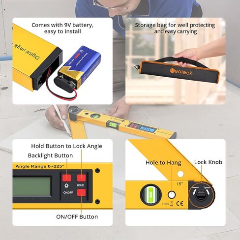 Neoteck 225° 16 inch Digital Angle Finder Aluminum Protractor with LCD Backlight Digital Angle Measuring Tool with Horizontal and Vertical Bubble for Woodworking, Construction, Machinery - Golden in Kuwait