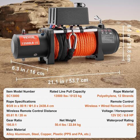 ونش كهربائي VEVOR، 13.500 رطل، 12V DC ونش شاحنة مع حبل صناعي Φ3/8 × 80 قدم من الألومنيوم Fairlead جهاز تحكم عن بعد لاسلكي وسلكي، IP55 مقاوم للماء لسحب قارب مقطورة جيب SUV على الطرق الوعرة in Saudi Arabia