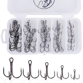 UCEC Fishing Hooks Treble Hooks Kit for Saltwater Freshwater, High Carbon Steel Hooks Strong Sharp Round Bend for Catfish Trout Hard Baits Lures Fishing, Size #1#2#4#6#8#10#12#14 110pcs/ 50pcs