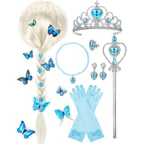 Sumind Princess Dress Up Wig with Butterfly Pin Princess Dress Up Accessories Include Gloves Tiara Crown Wand Necklaces Rings Earrings for Party Favors Birthday Pretend Play (Popular Color)