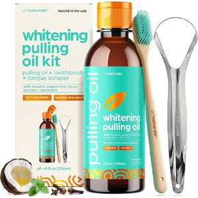 artnaturals Coconut Oil Pulling (8oz) Tongue Scraper & Toothbrush Set - Alcohol-Free Mouthwash - Infused with Magnesium & Peppermint for Teeth Whitening & Fresh, Healthy Breath and Gums