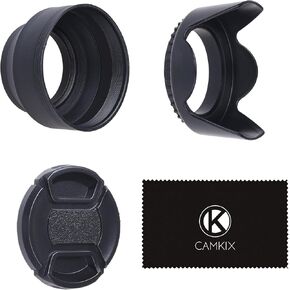 52mm Set of 2 Camera Lens Hoods and 1 Lens Cap - Rubber (Collapsible) + Tulip Flower - Sun Shade/Shield - Reduces Lens Flare and Glare - Blocks Excess Sunlight (52 mm, Rubber Hood + Tullip Hood + Cap)