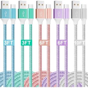 HKYUSHINE USB to USB C Charger Cable, 5 Pack(3/3/6/6/10FT) Type C Charger Fast Charging Cord 3.1A Nylon Braided Android Charger Type C Cable for Samsung Galaxy S23 S22, Google Pixel, LG