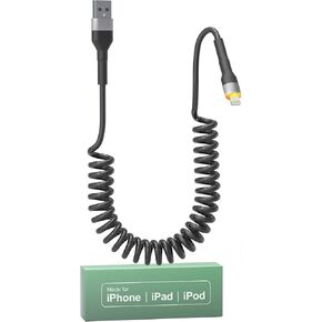 Coiled iPhone Lightning Cable Apple Carplay Cable MFi Certified, Retractable Apple Car Play Cord with Data Sync and LED, Short Coiled iPhone Charger Cable for iPhone/Pad/Pod, White