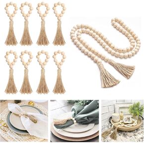 Farmhouse Napkin Ring Set of 8,Sacwelber Wood Bead Napkin Rings, with 1 PCS 61 inch Long Wood Bead Garland, Elastic Boho Napkin Rings with Tassel for Dinner Table or Home Decoration in Kuwait