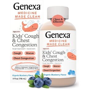 Genexa Kids' Liquid Cough & Chest Congestion Medicine | Multi-Symptom Relief Cough Syrup for Kids 4-11 | Cough Suppressant & Expectorant | Delicious Organic Blueberry Flavor | 4 Fluid Ounces