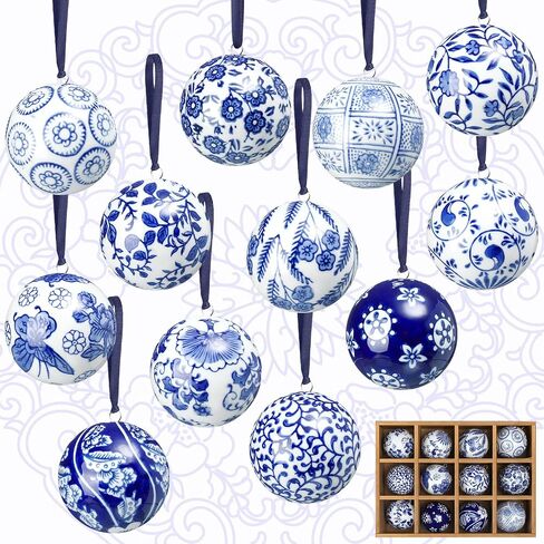 Cindeer 12 Pcs Christmas Porcelain Balls 2.4 Inch Blue and White Porcelain Chinoiserie Ornament Bulk Porcelain Hanging Decorative Ceramic Decor for Home Tree Xmas Party (Groovy Style) in Saudi Arabia