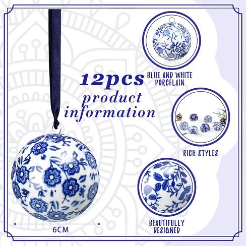 Cindeer 12 Pcs Christmas Porcelain Balls 2.4 Inch Blue and White Porcelain Chinoiserie Ornament Bulk Porcelain Hanging Decorative Ceramic Decor for Home Tree Xmas Party (Groovy Style) in Saudi Arabia