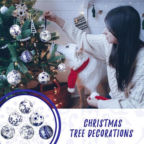 Cindeer 12 Pcs Christmas Porcelain Balls 2.4 Inch Blue and White Porcelain Chinoiserie Ornament Bulk Porcelain Hanging Decorative Ceramic Decor for Home Tree Xmas Party (Groovy Style) in Saudi Arabia