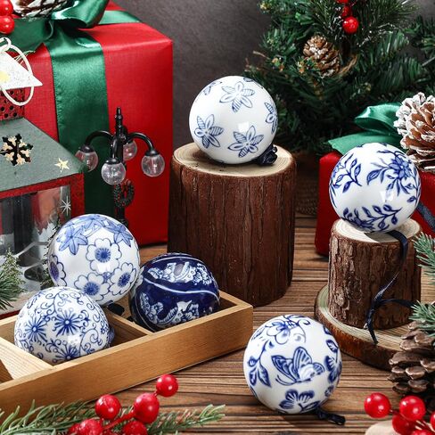Cindeer 12 Pcs Christmas Porcelain Balls 2.4 Inch Blue and White Porcelain Chinoiserie Ornament Bulk Porcelain Hanging Decorative Ceramic Decor for Home Tree Xmas Party (Groovy Style) in Saudi Arabia