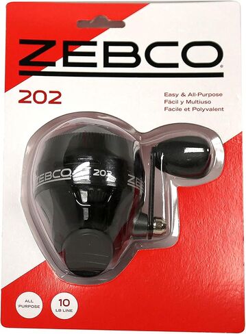 بكرة صيد Zebco 202 Spincast، مقاس 30 بكرة، استرجاع لليد اليمنى، تروس معدنية متينة بالكامل، دبوس التقاط من الفولاذ المقاوم للصدأ، ملفوف مسبقًا بخط صيد Zebco بوزن 10 رطل، أسود، تغليف البطلينوس in Kuwait