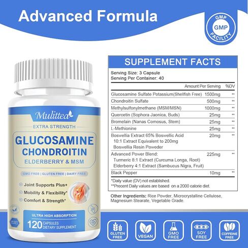 Glucosamine Chondroitin MSM Elderberry Boswellia Capsules- Extra Strength Natural Joint Support Supplement with Turmeric for Antioxidant,Immune Support Helps with inflammatory response*for Men & Women in Kuwait