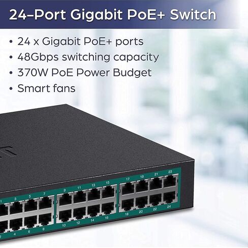 مفتاح جيجابايت PoE + 24 منفذ من تريند نت، TPE-TG240G، 24 × جيجابت PoE+ منافذ، 370 وات، سعة مفتاح 48 جيجا بايت في الثانية، مجموعة تثبيت الرف متضمنة، مفتاح شبكة إيثرنت، معدن، حماية مدى الحياة in Saudi Arabia