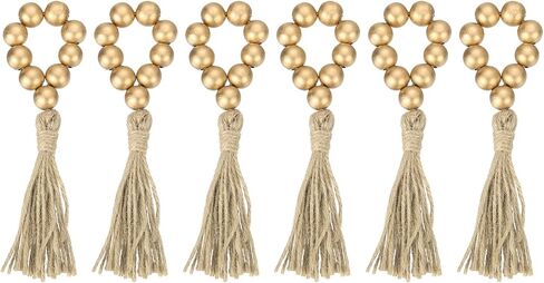 uxcell 6Pcs Wooden Bead Napkin Rings, Farmhouse Wood Bead Napkin Buckles with Jute Rope Tassels for Christmas Thanksgiving Wedding Home Table Decor (Gold) in Saudi Arabia