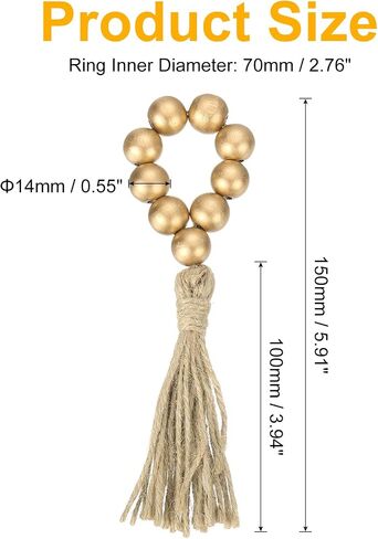 uxcell 6Pcs Wooden Bead Napkin Rings, Farmhouse Wood Bead Napkin Buckles with Jute Rope Tassels for Christmas Thanksgiving Wedding Home Table Decor (Gold) in Saudi Arabia