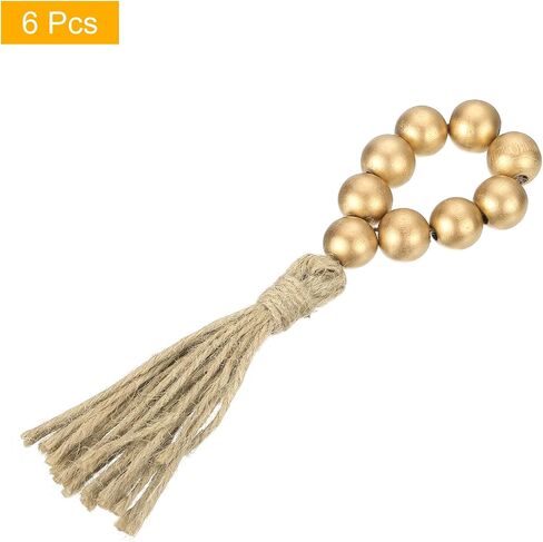 uxcell 6Pcs Wooden Bead Napkin Rings, Farmhouse Wood Bead Napkin Buckles with Jute Rope Tassels for Christmas Thanksgiving Wedding Home Table Decor (Gold) in Saudi Arabia