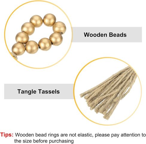 uxcell 6Pcs Wooden Bead Napkin Rings, Farmhouse Wood Bead Napkin Buckles with Jute Rope Tassels for Christmas Thanksgiving Wedding Home Table Decor (Gold) in Saudi Arabia