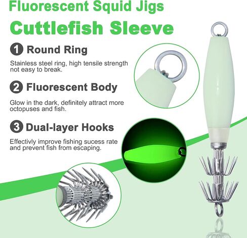 Luminous Squid Jig Hooks Kit, 10pcs Glow Squid Fishing Jigs Fluoresent Cuttlefish Sleeve Squid Jig Saltwater Hard Night Fishing Baits Octopus Lure Hooks with Tackle Box in Saudi Arabia