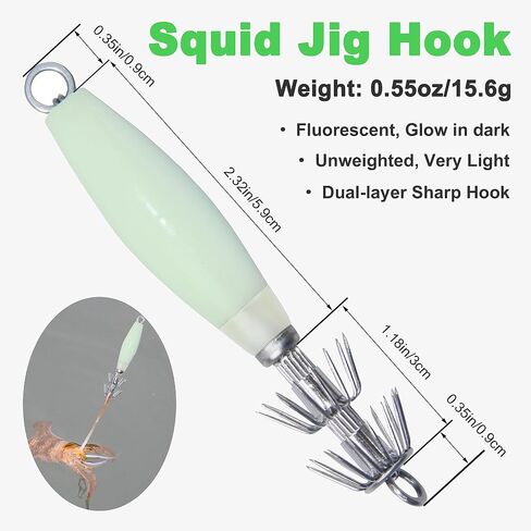 Luminous Squid Jig Hooks Kit, 10pcs Glow Squid Fishing Jigs Fluoresent Cuttlefish Sleeve Squid Jig Saltwater Hard Night Fishing Baits Octopus Lure Hooks with Tackle Box in Saudi Arabia