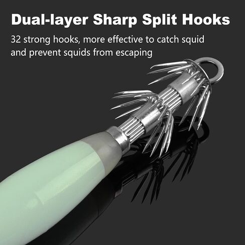 Luminous Squid Jig Hooks Kit, 10pcs Glow Squid Fishing Jigs Fluoresent Cuttlefish Sleeve Squid Jig Saltwater Hard Night Fishing Baits Octopus Lure Hooks with Tackle Box in Saudi Arabia