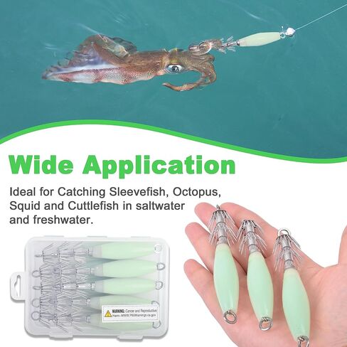 Luminous Squid Jig Hooks Kit, 10pcs Glow Squid Fishing Jigs Fluoresent Cuttlefish Sleeve Squid Jig Saltwater Hard Night Fishing Baits Octopus Lure Hooks with Tackle Box in Saudi Arabia
