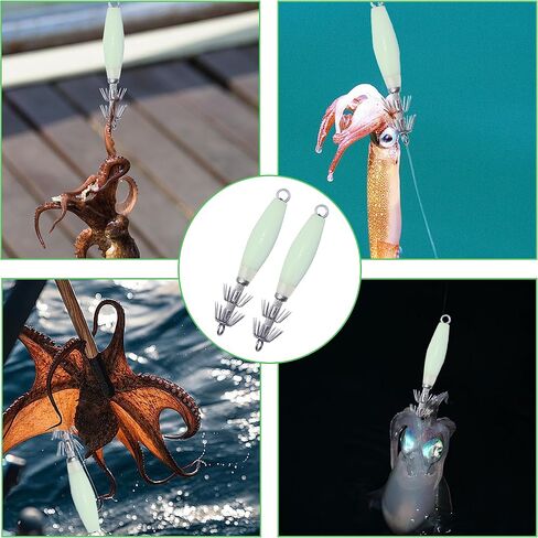Luminous Squid Jig Hooks Kit, 10pcs Glow Squid Fishing Jigs Fluoresent Cuttlefish Sleeve Squid Jig Saltwater Hard Night Fishing Baits Octopus Lure Hooks with Tackle Box in Saudi Arabia