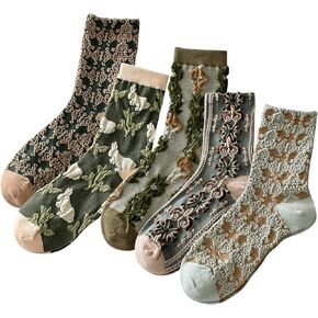 MTKAEWU 5 Pack Cute Womens Floral Socks, Vintage Embroidered Frilly Floral Socks, Kawaii Girly Ankle Cotton Cottagecore Socks