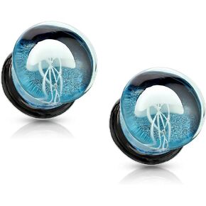 Pierced Owl - Glass Floating Jellyfish Blue Double Flared Saddle Plug Gauges, Sold as a Pair