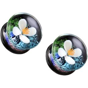 Pierced Owl Floating White Flower Glass Double Flared Plugs, Sold as a Pair